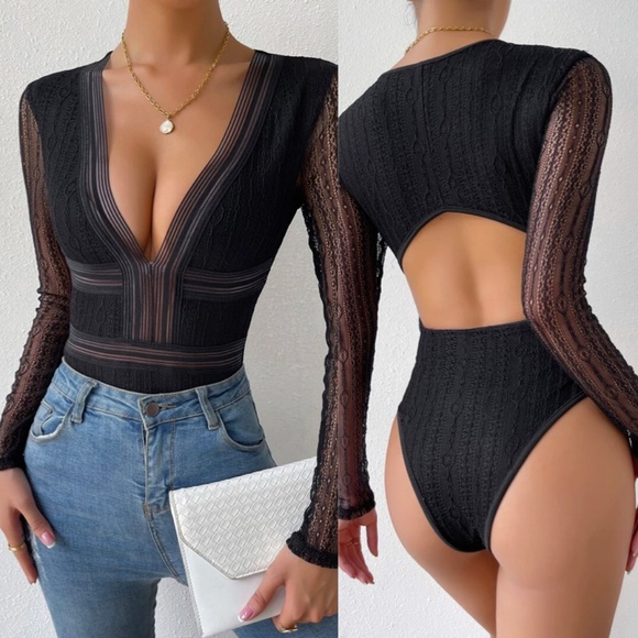 Rouge! Tops - Black Lace Bodysuit Cut Out Back V-Neck Long Sleeve